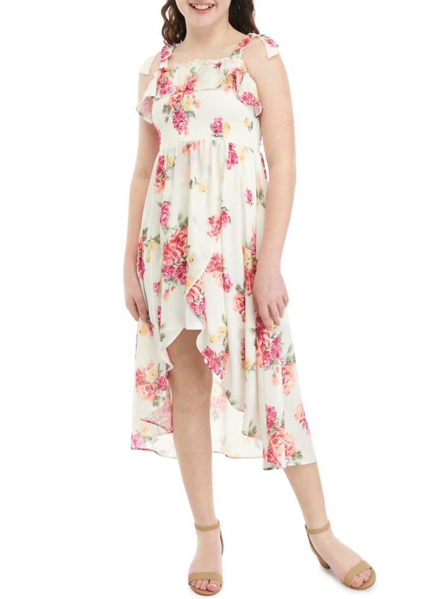 Girls 7-16 Floral Printed Smocked Cold Shoulder Dress with Tie Straps