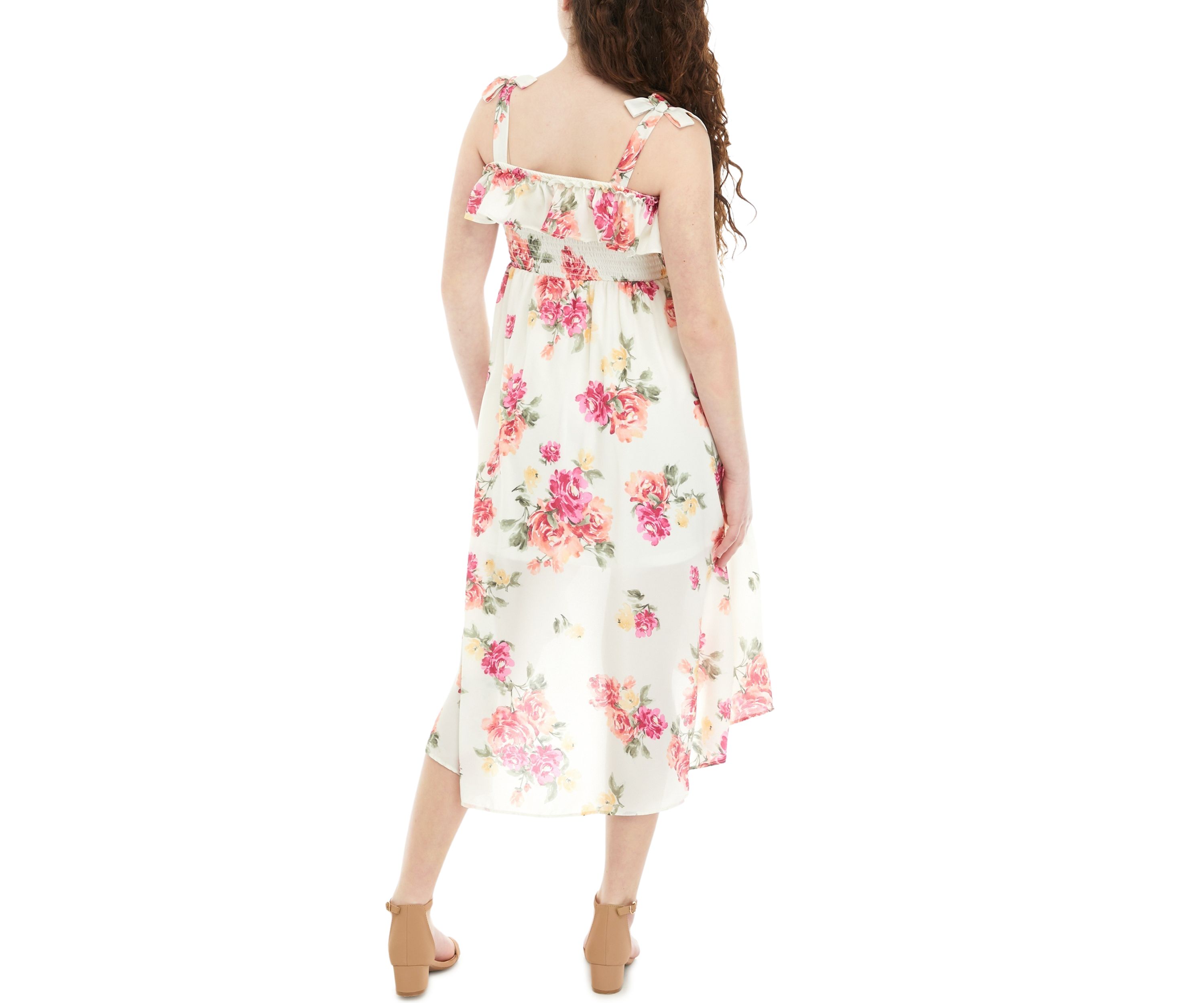 Girls 7-16 Floral Printed Smocked Cold Shoulder Dress with Tie Straps