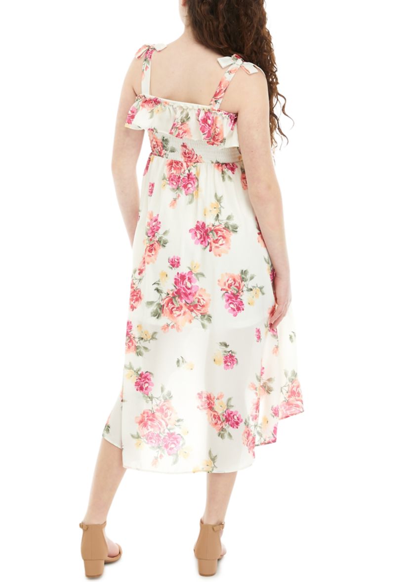 Girls 7-16 Floral Printed Smocked Cold Shoulder Dress with Tie Straps