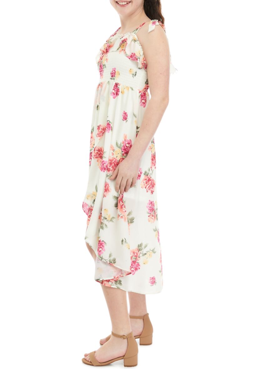 Girls 7-16 Floral Printed Smocked Cold Shoulder Dress with Tie Straps