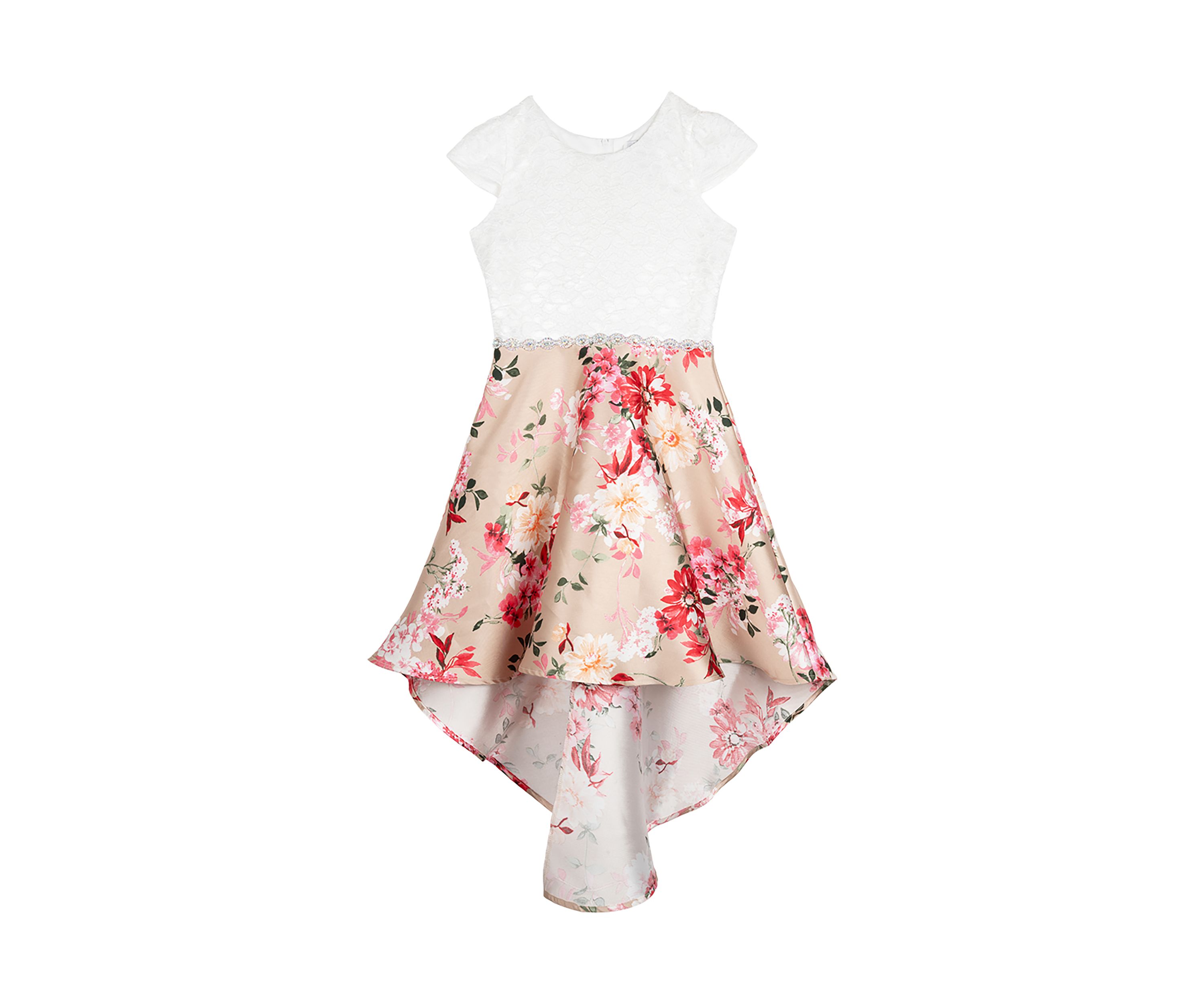 Girls 7-16 Lace Cap Sleeve Bodice High Low Mikado Dress 