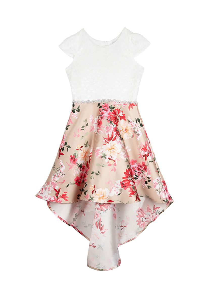 Girls 7-16 Lace Cap Sleeve Bodice High Low Mikado Dress 