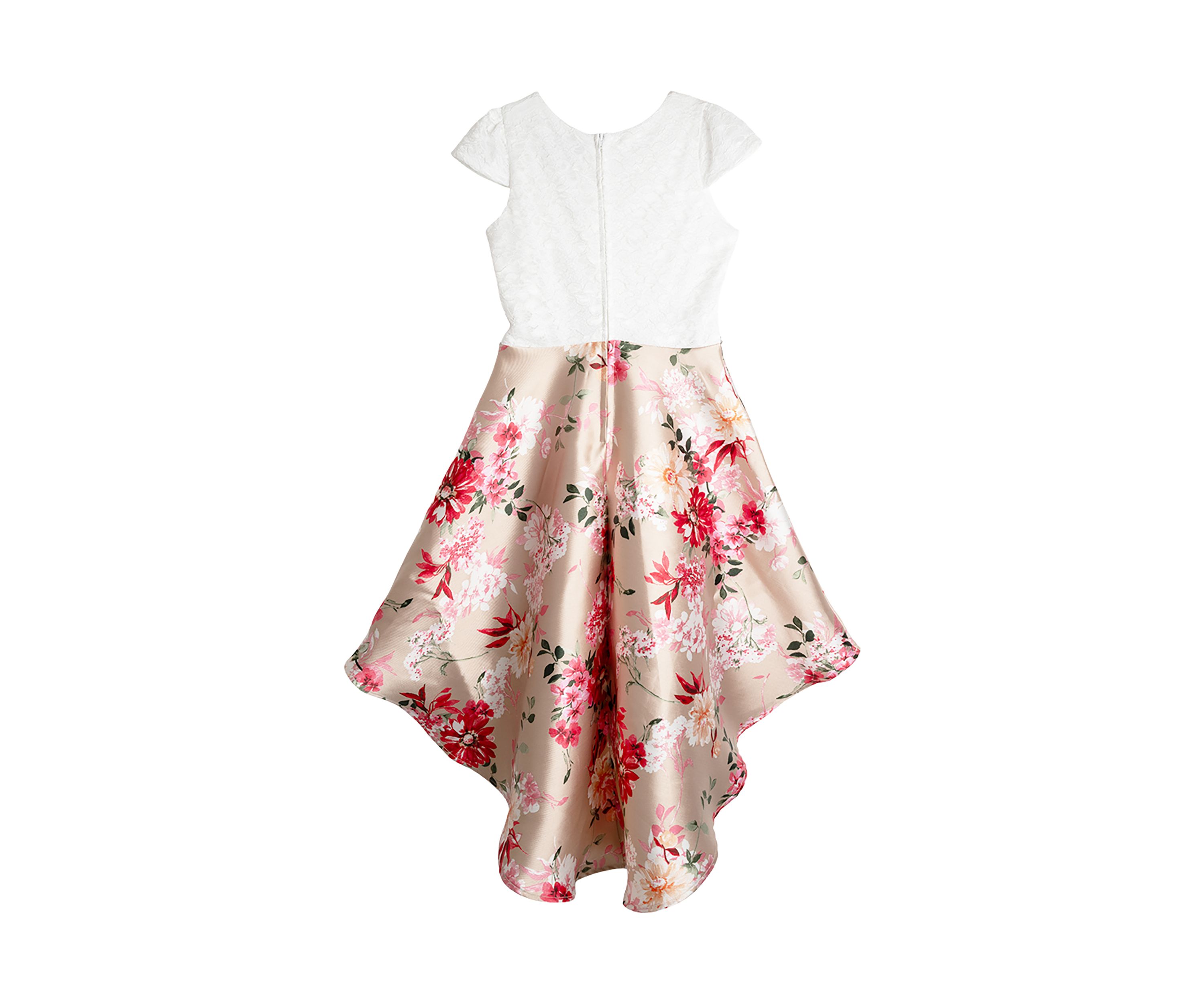 Girls 7-16 Lace Cap Sleeve Bodice High Low Mikado Dress 