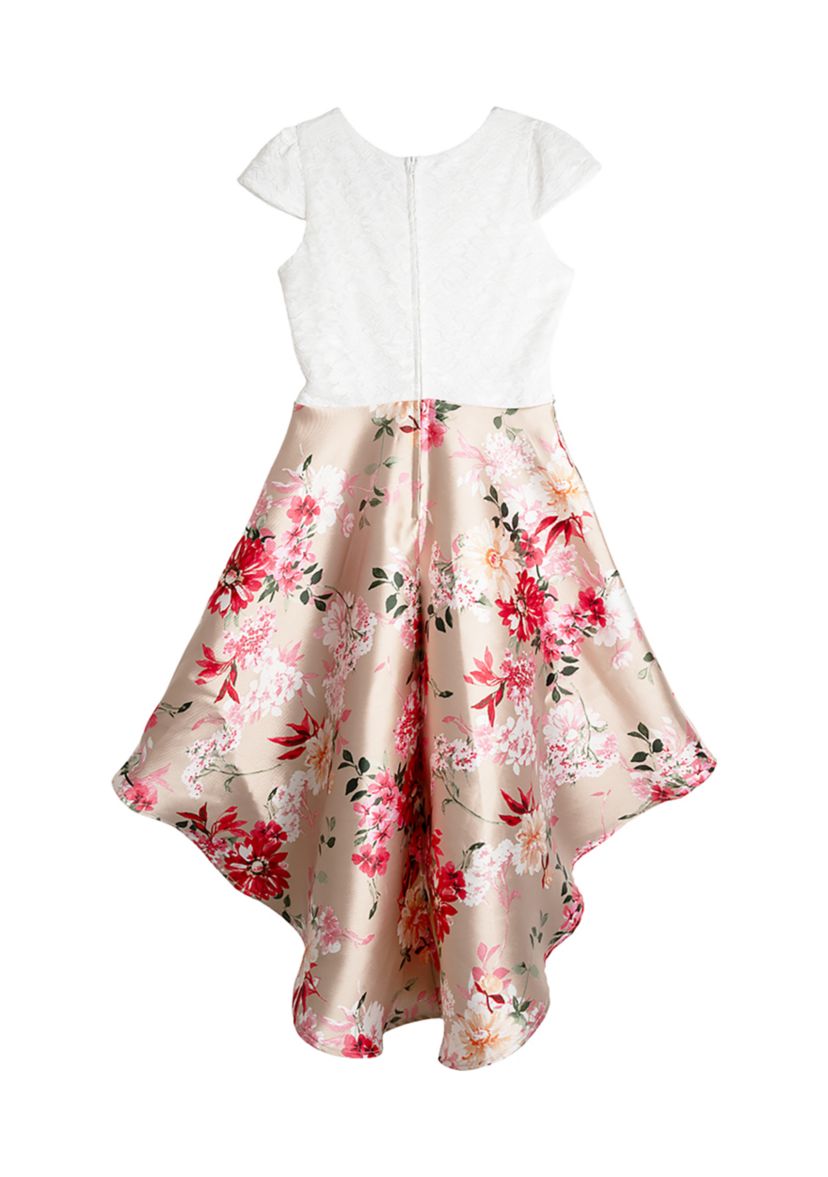 Girls 7-16 Lace Cap Sleeve Bodice High Low Mikado Dress 