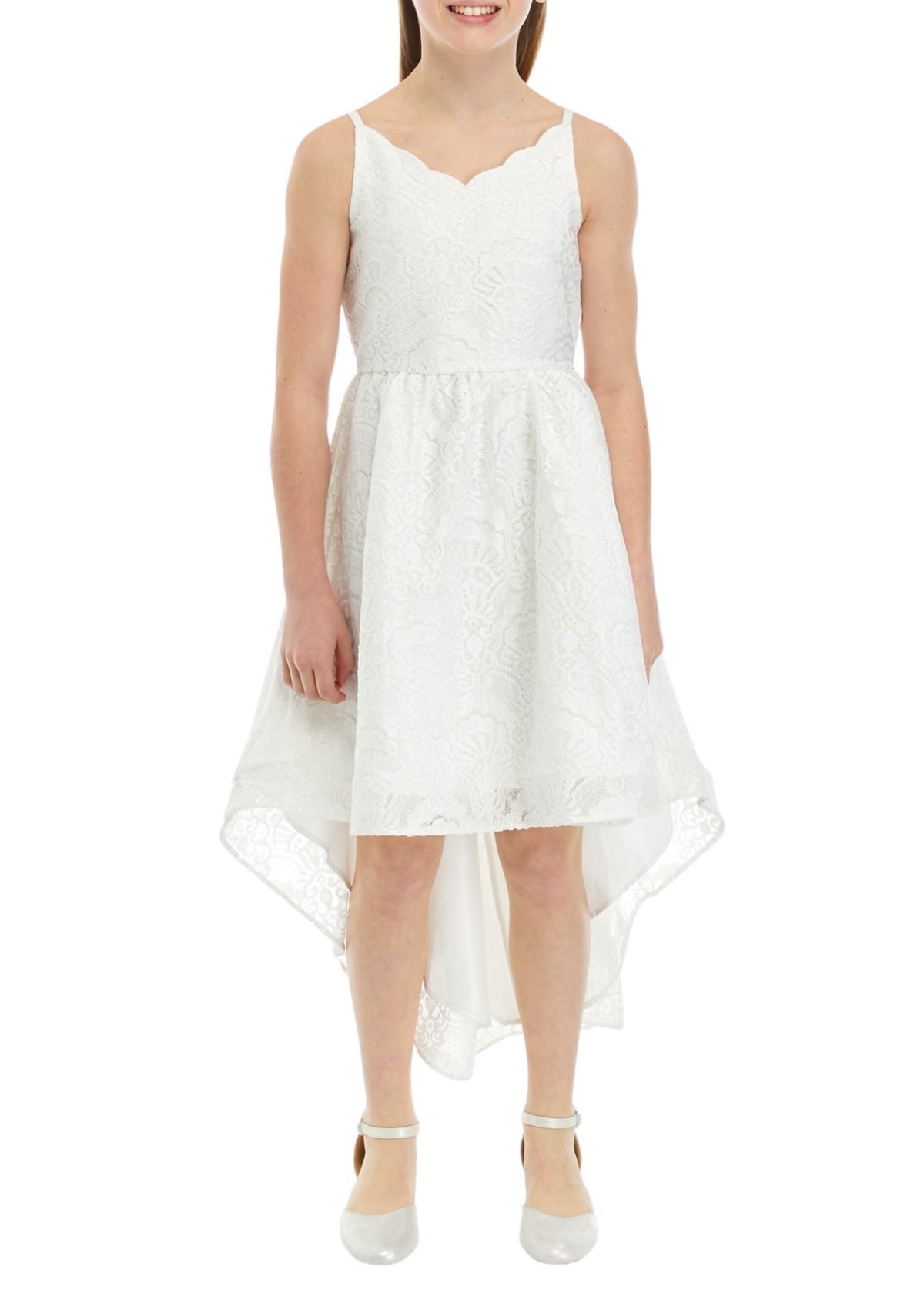Girls 7-16 Lace Scallop Sweetheart Bodice to High Low Skirt Dress