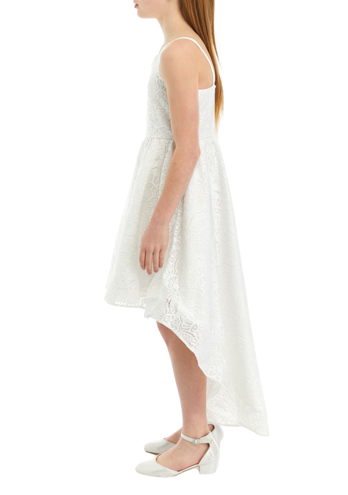 Girls 7-16 Lace Scallop Sweetheart Bodice to High Low Skirt Dress