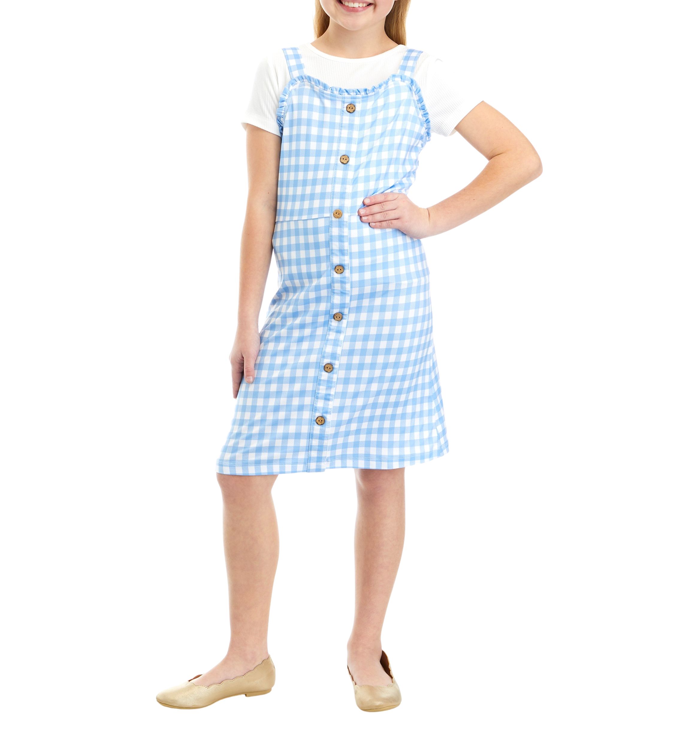 Toddler Girls Ribbed Knit T-Shirt and Gingham Printed Jumper