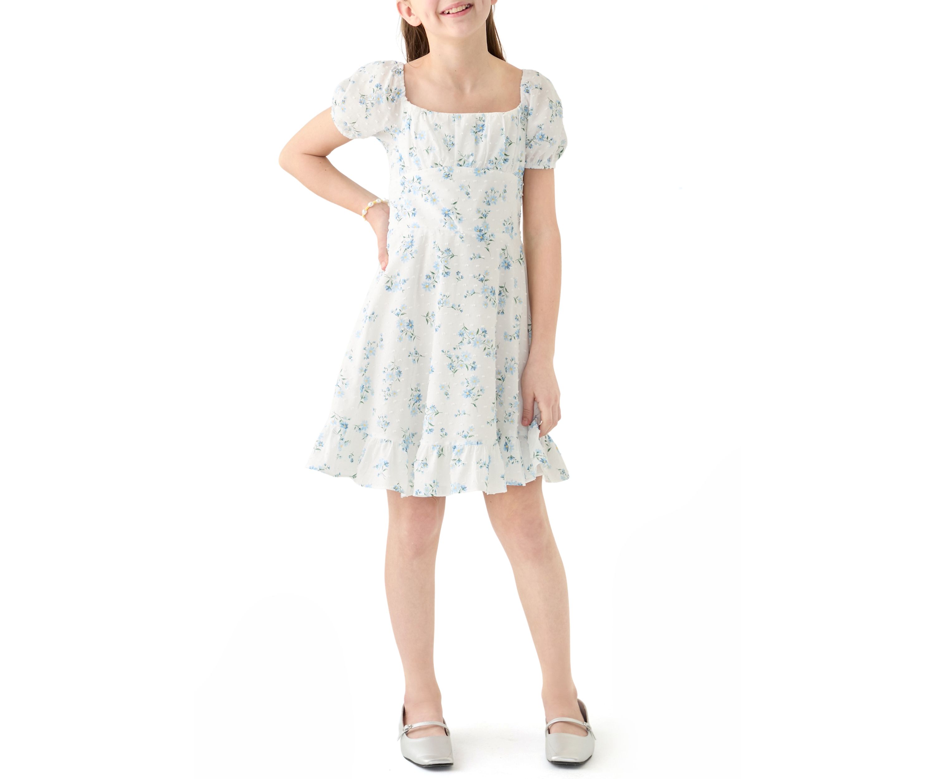 Girls 7-16 Floral Printed Clip Dot Voile Dress