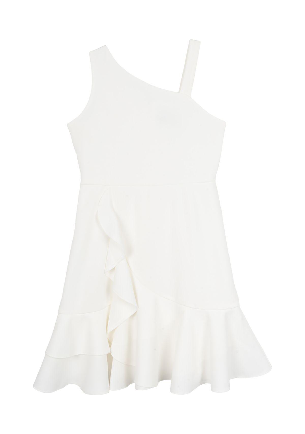 Girls 7-16 White One Shoulder Ruffle Scuba Dress 