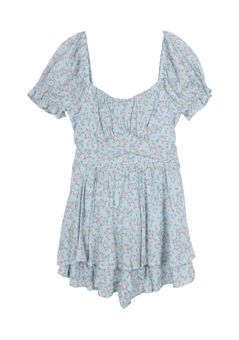 Girls 7-16 Puff Sleeve Floral Romper 