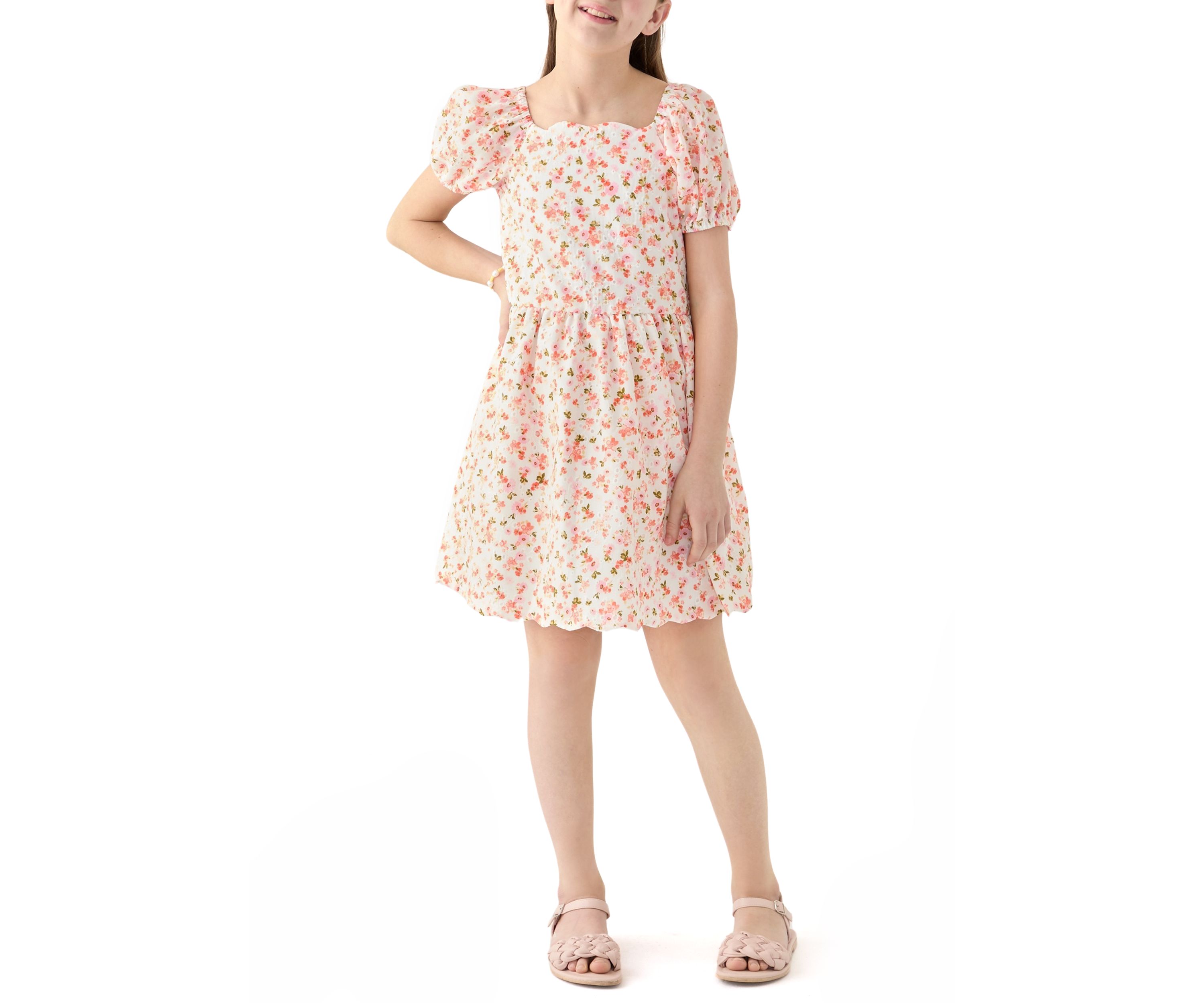 Girls 7-16 Flower Eyelet Scalloped Hem Dress