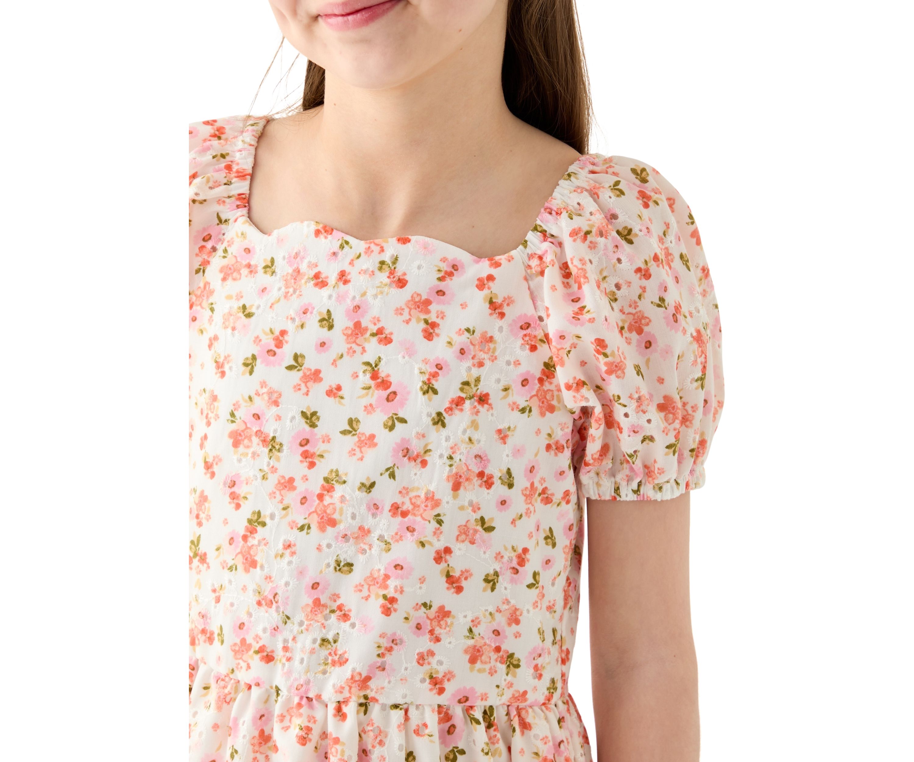 Girls 7-16 Flower Eyelet Scalloped Hem Dress