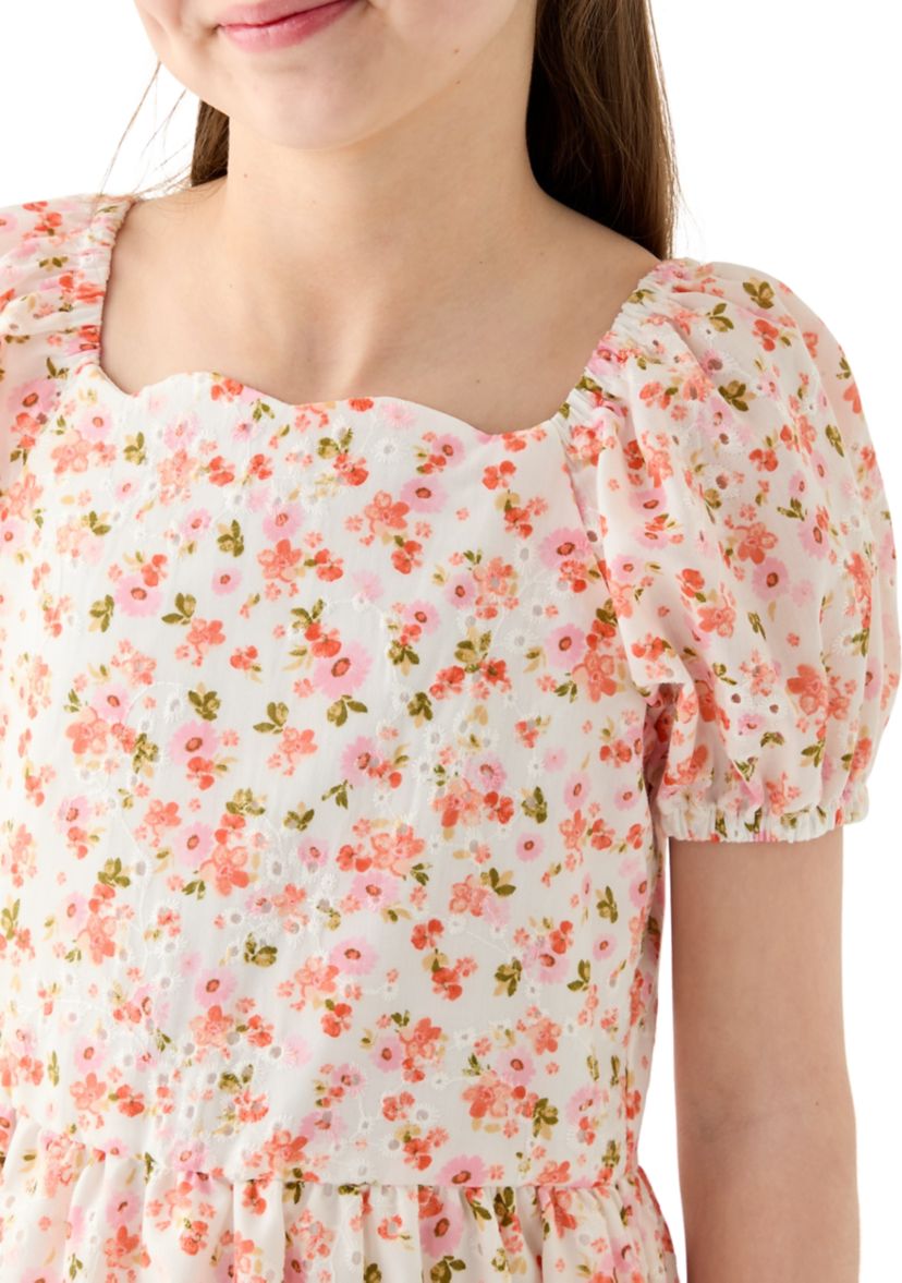 Girls 7-16 Flower Eyelet Scalloped Hem Dress