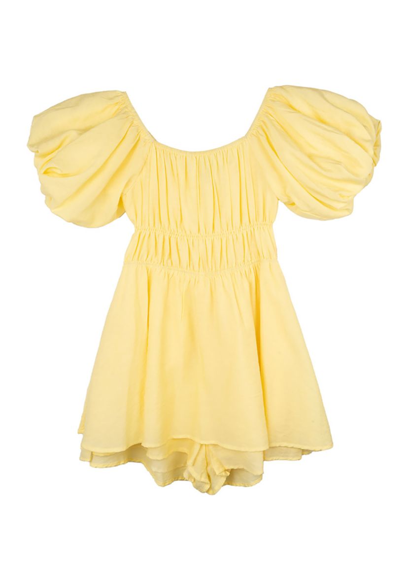 Girls 7-16 Puff Sleeve Smocked Cotton Romper 