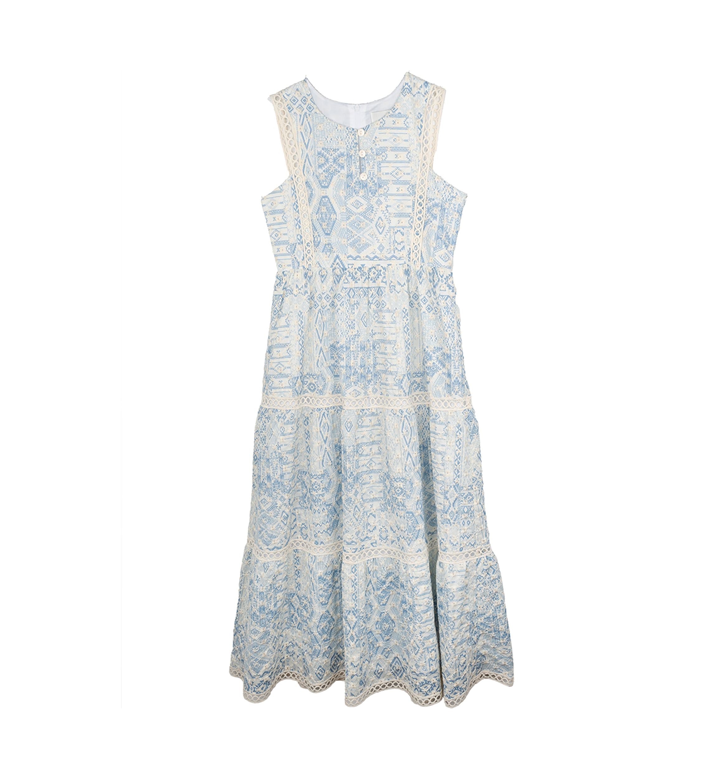 Girls 7-16 Blue White Printed Maxi Dress 