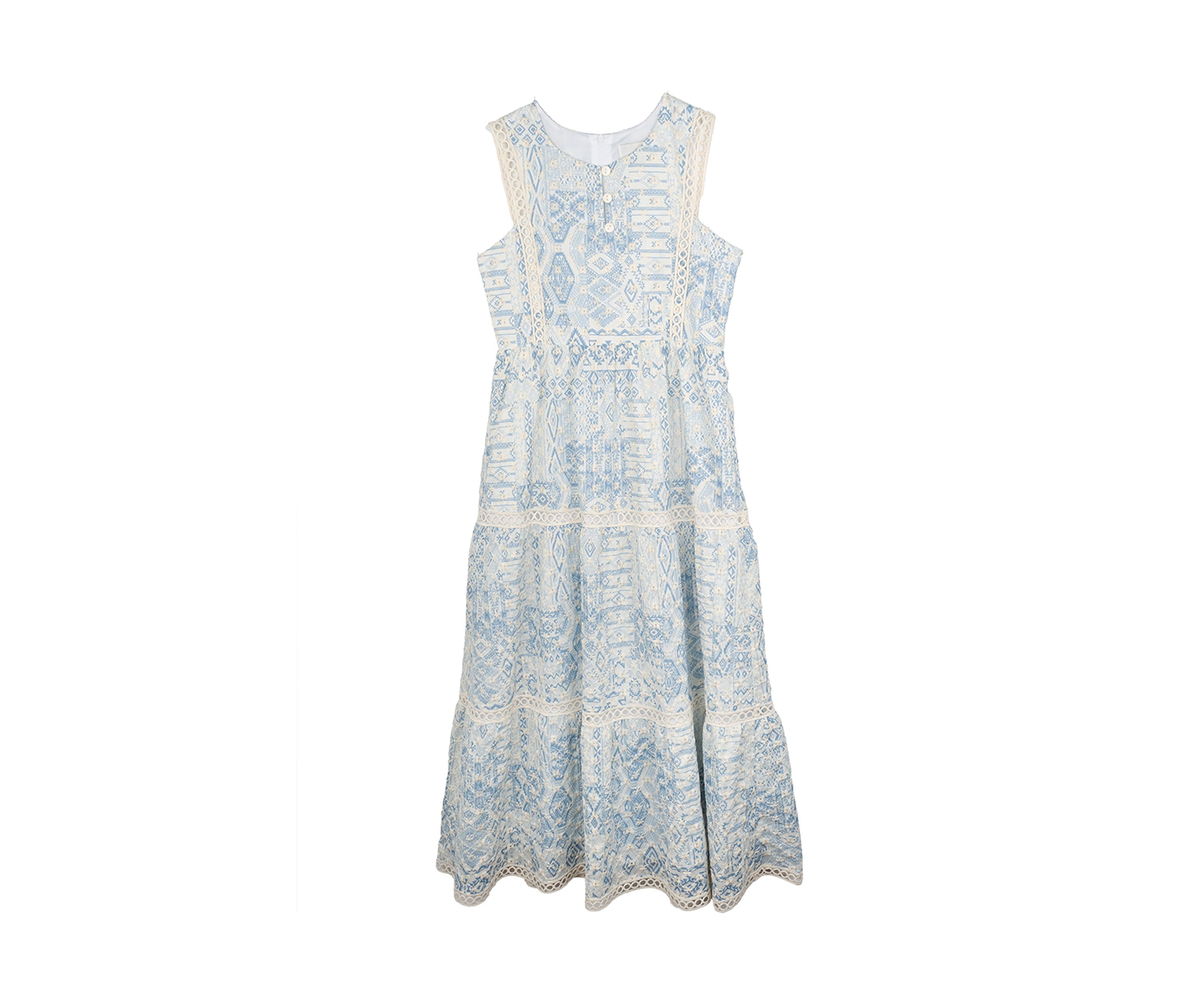 Girls 7-16 Blue White Printed Maxi Dress 
