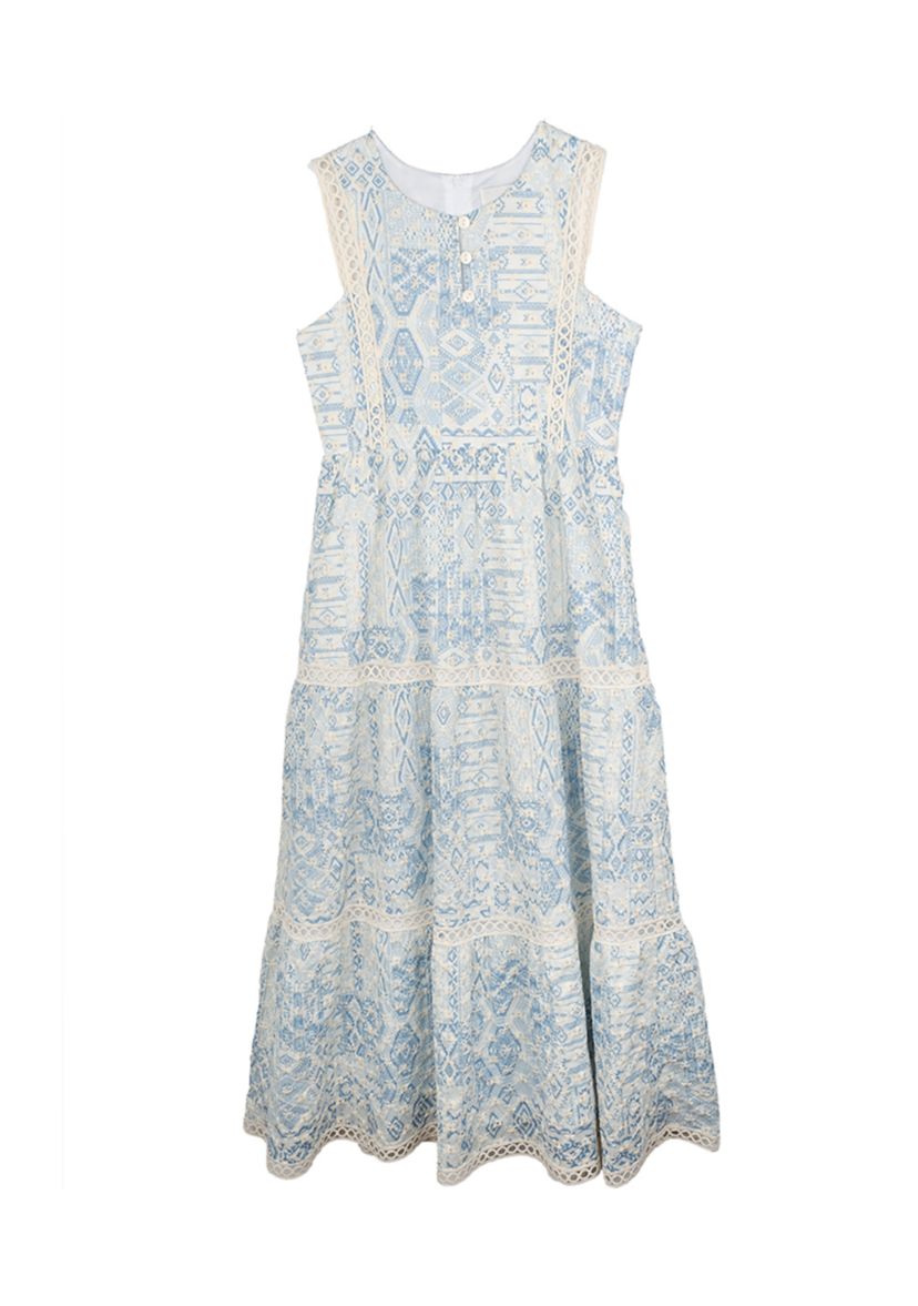 Girls 7-16 Blue White Printed Maxi Dress 