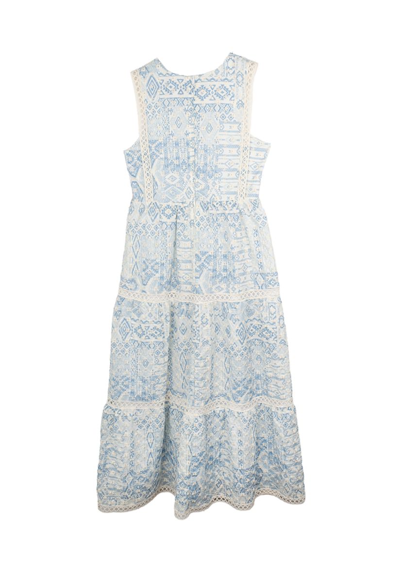 Girls 7-16 Blue White Printed Maxi Dress 