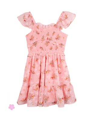 Rare Editions Girls 7-16 Flutter Sleeve Printed Burnout Smock Waist Dress, Pink, 14
