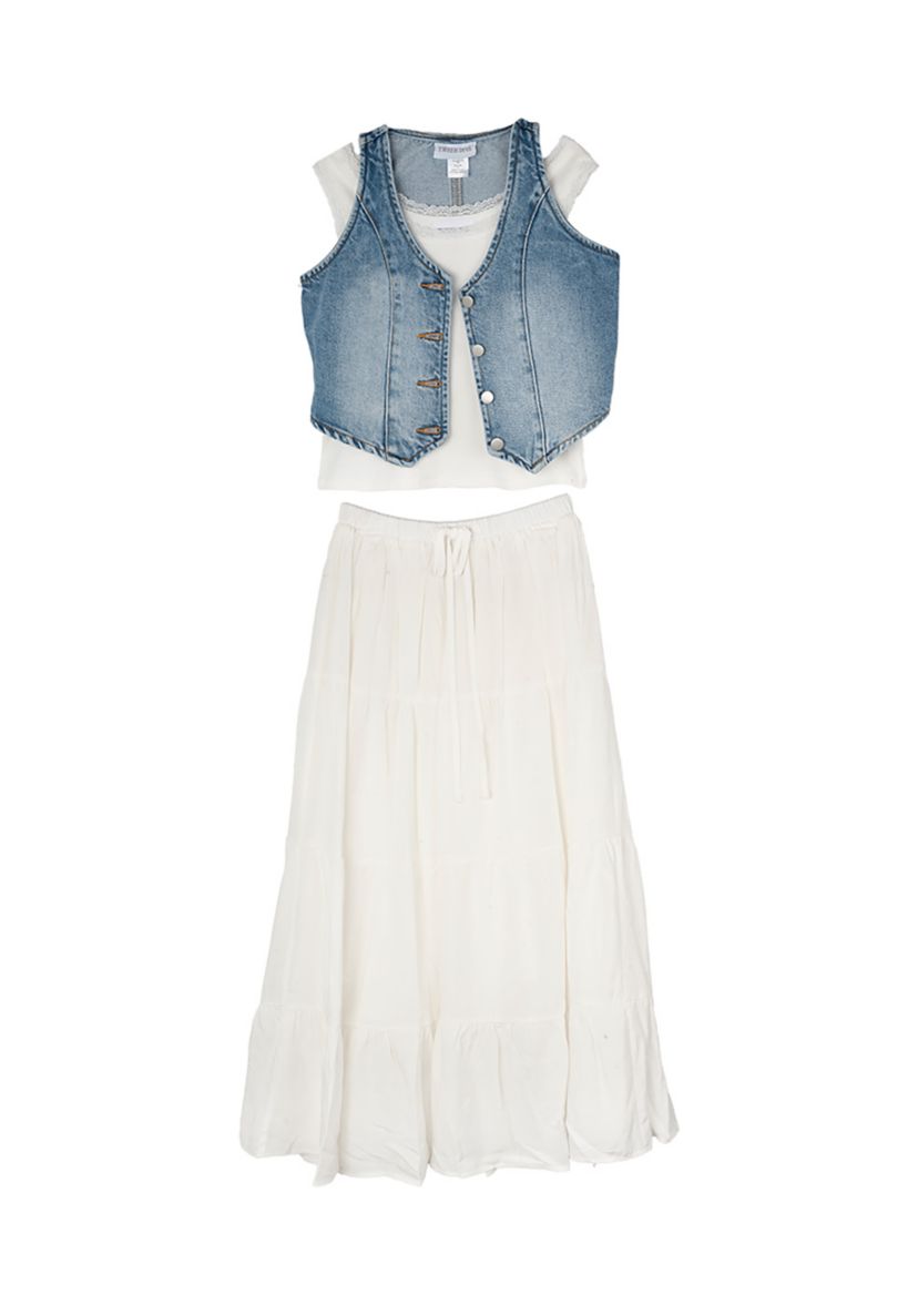 Girls 7-16 Denim Vest and Skirt Set