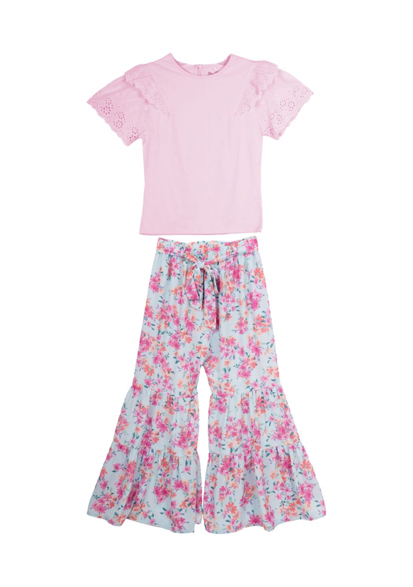   Girls 7-16 Flutter Sleeve Top and Printed Pants Set 