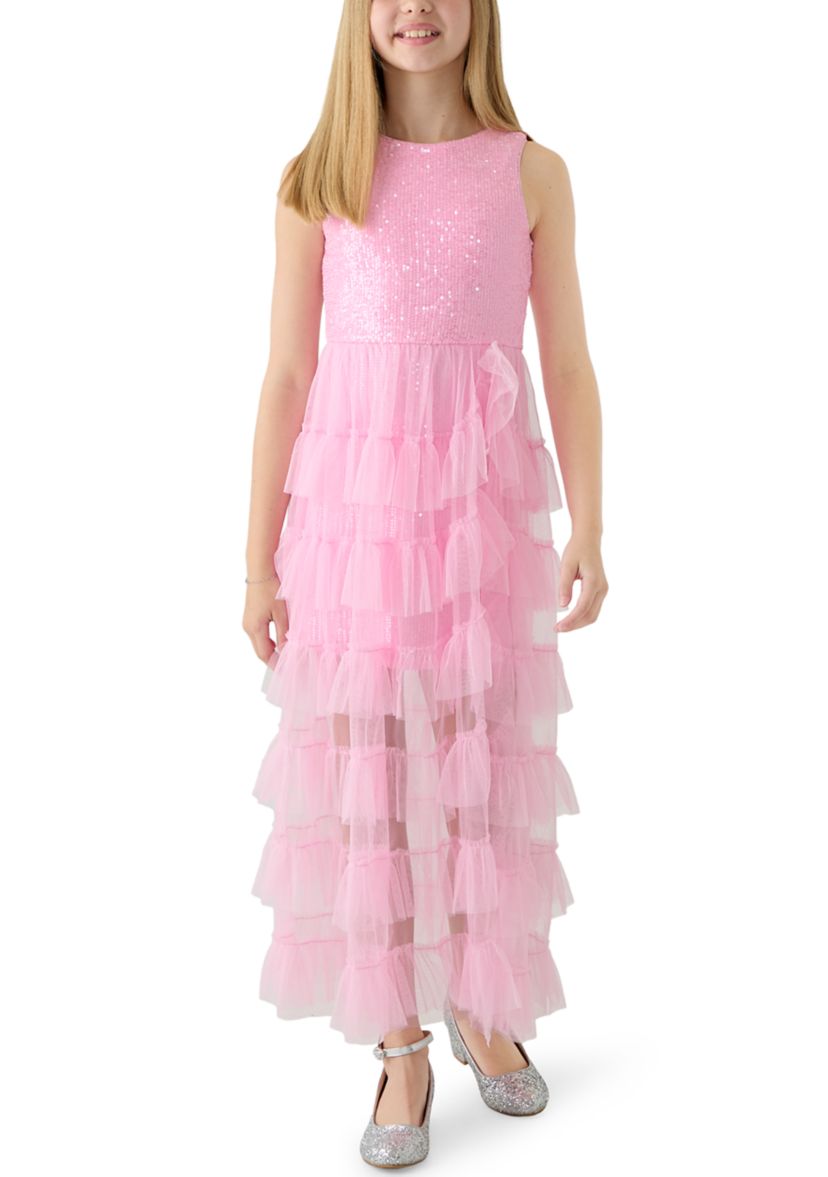Rare Editions Girls 7-16 12 Pink Sequin Tiered Maxi Dress | Belk