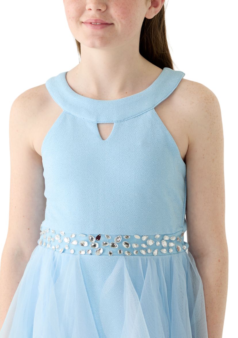 Rare Editions Girls 7-16 Glitter Knit Mesh Dress, Blue, 10