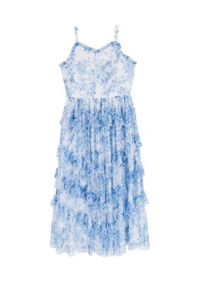 Rare Editions Girls 7-16 Blue Floral Mesh Ruffled Maxi Dress