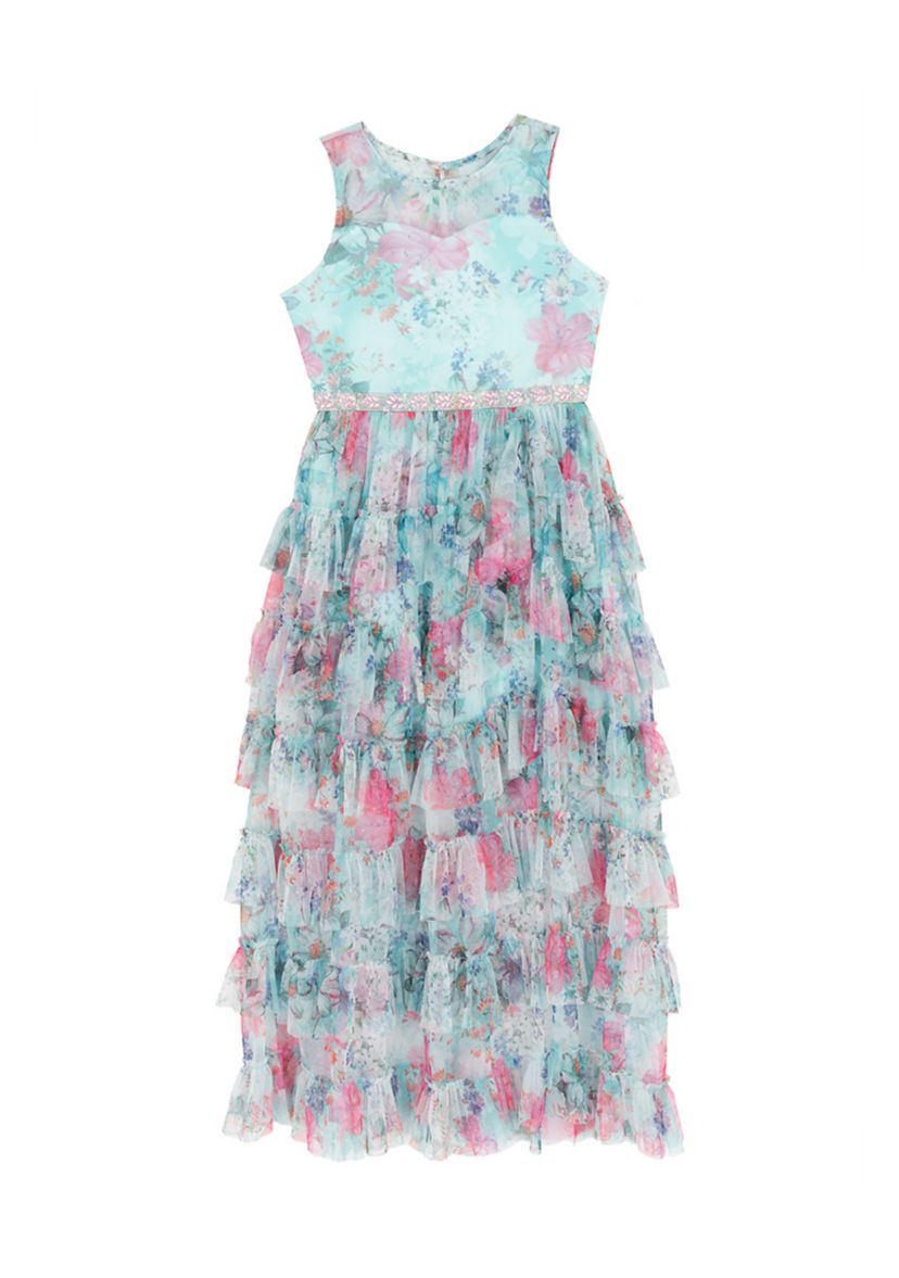 Rare Editions Girls 7-16 Floral Glitter Mesh Maxi Dress | Belk