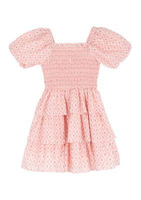 Rare Editions Girls 7-16 Smocked Trellis Printed Tier Dress, Pink, 8