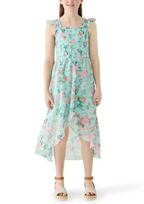 Rare Editions Girls 7-16 Floral Lurex Chiffon Smocked Dress, Mint, 12