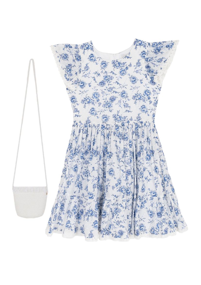 caribbean blue dresses NicoBlu Angelina Maxi Crinkle Chiffon Dress in Blue and White Floral Toile 8