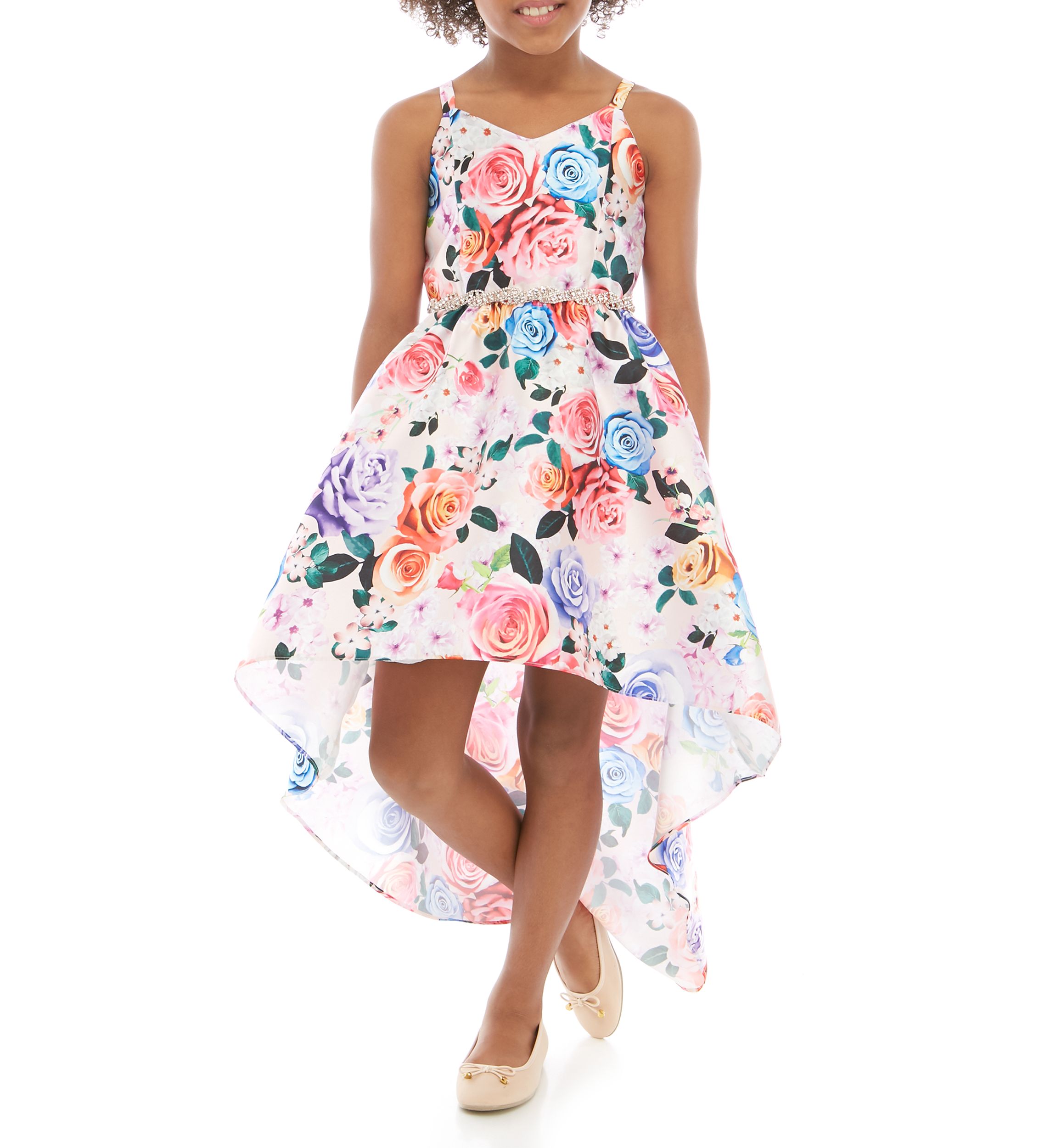 Girls 7-16 Dusty Pink Floral High Low Jewel Belted Dress 