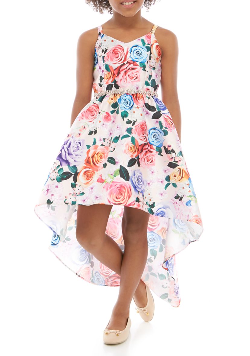 Girls 7-16 Dusty Pink Floral High Low Jewel Belted Dress 