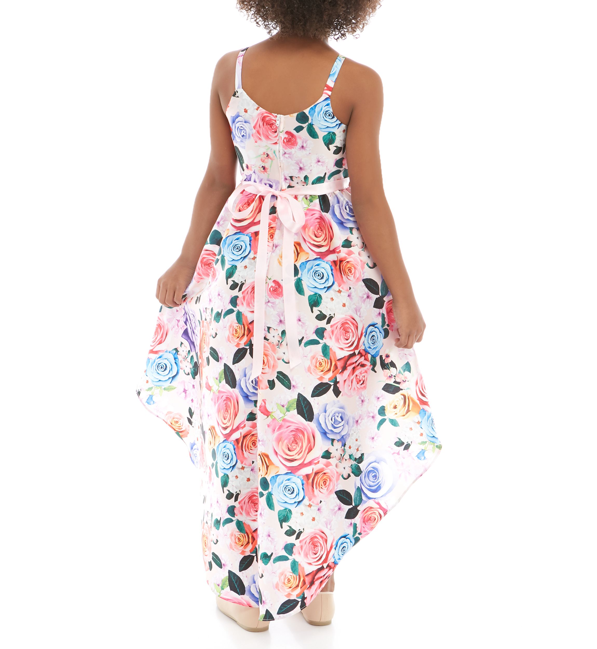 Girls 7-16 Dusty Pink Floral High Low Jewel Belted Dress 