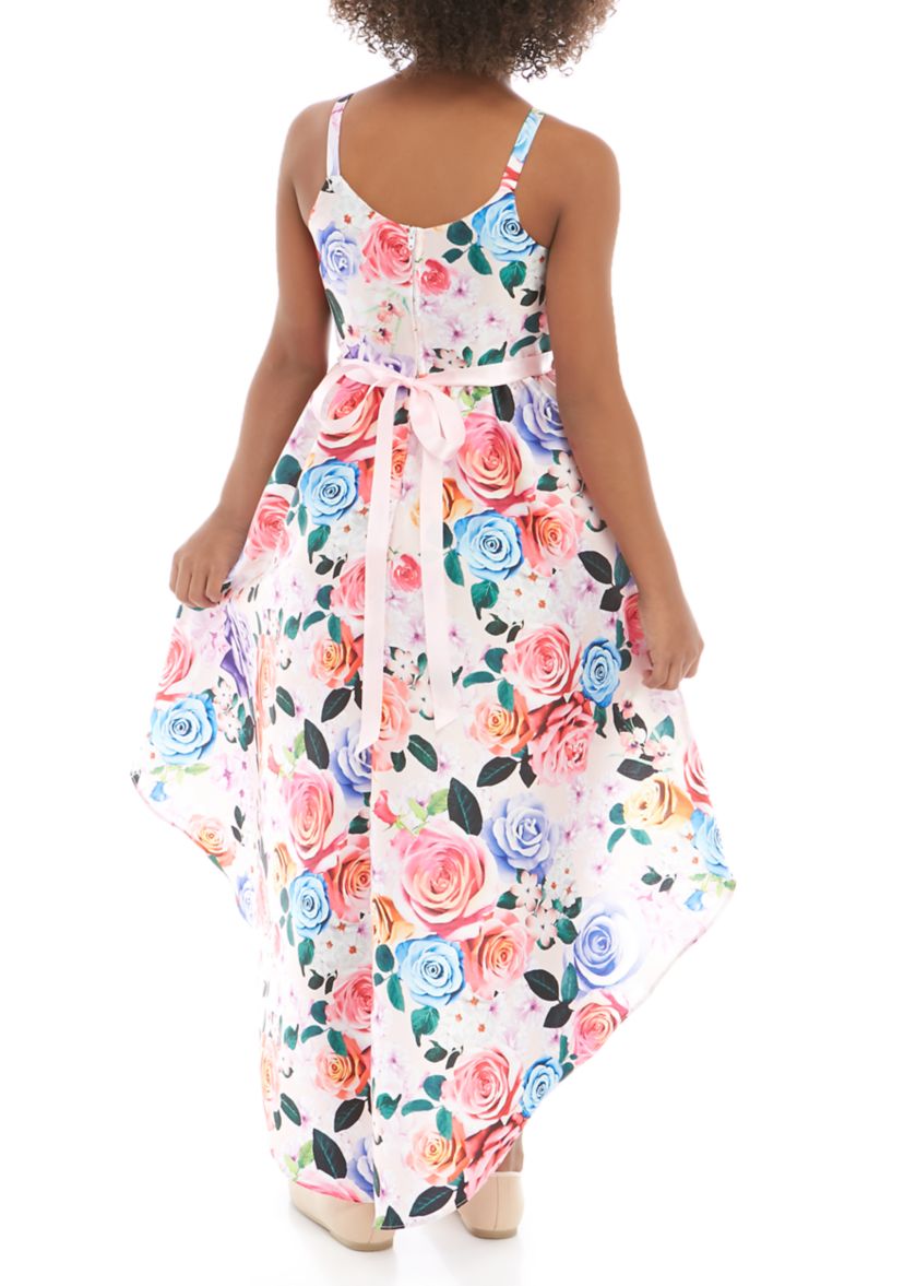 Girls 7-16 Dusty Pink Floral High Low Jewel Belted Dress 