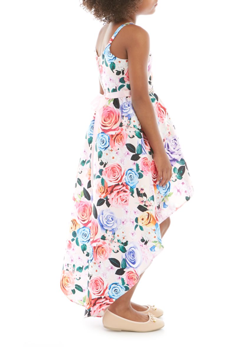 Girls 7-16 Dusty Pink Floral High Low Jewel Belted Dress 