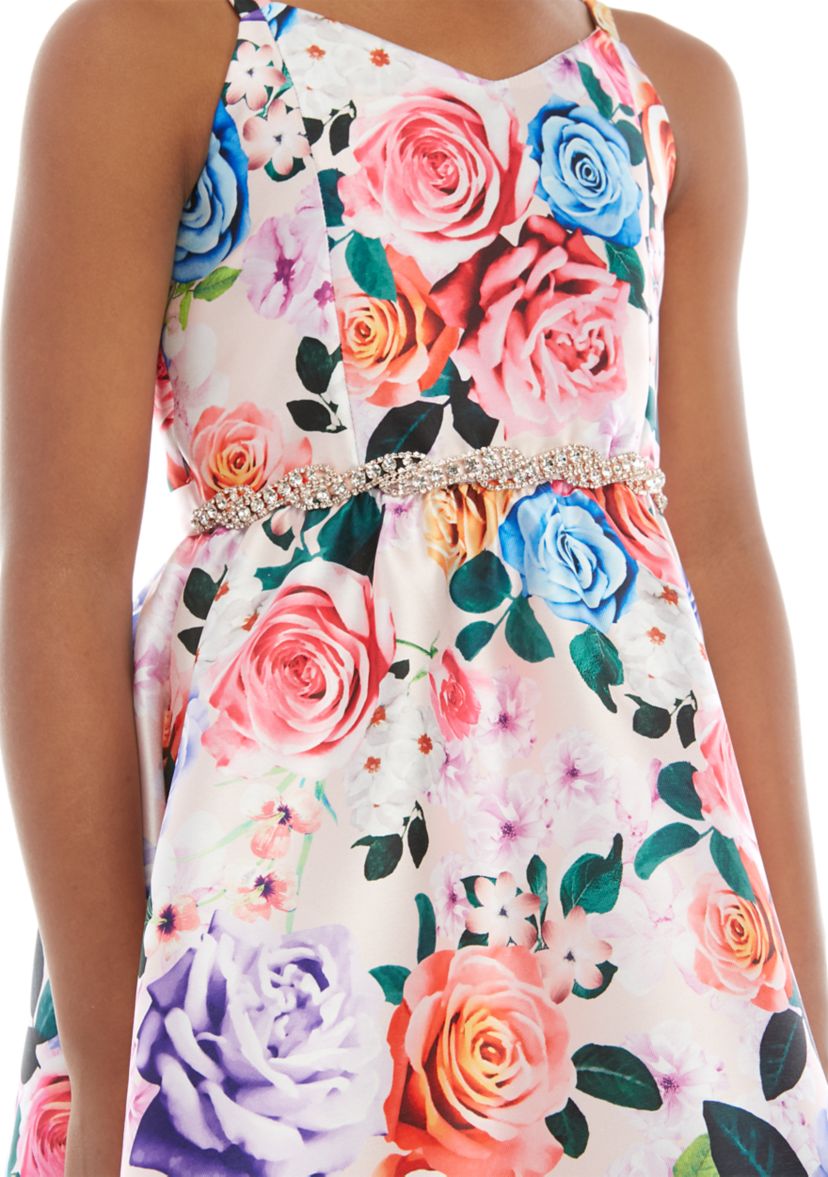 Girls 7-16 Dusty Pink Floral High Low Jewel Belted Dress 
