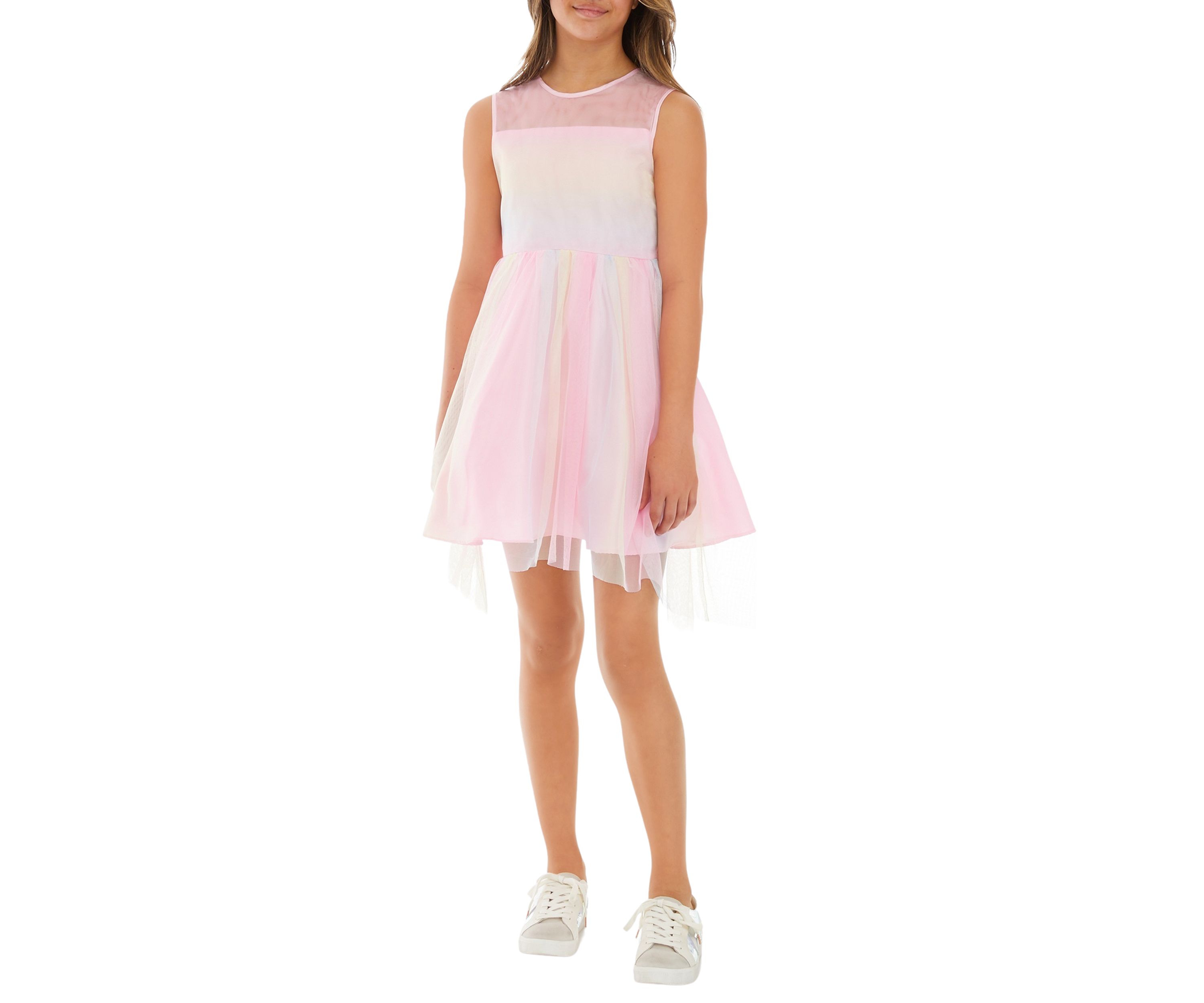 Girls 7-16 Rainbow Bright Mesh High Low Dress 