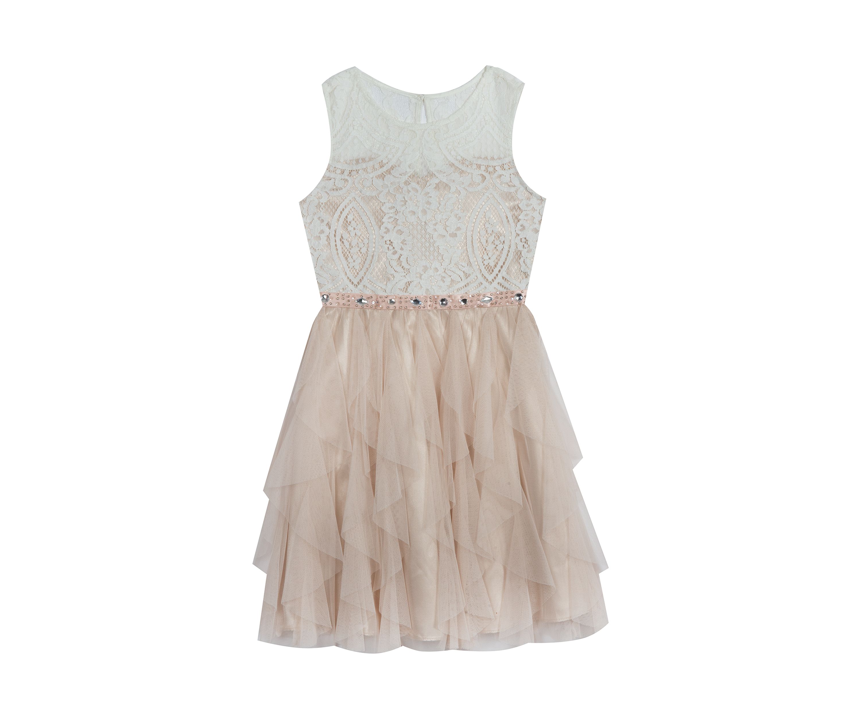 Girls 7-16 Ivory Lace Bodice to Taupe Skirt Dress