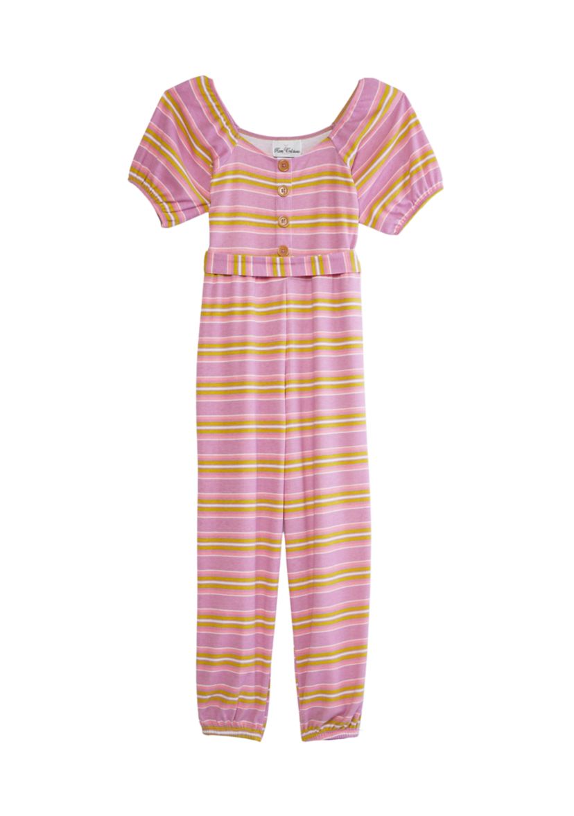 Girls 7-16 Yarn Dye Stripe Rib Knit Puff Sleeve Jumpsuit 