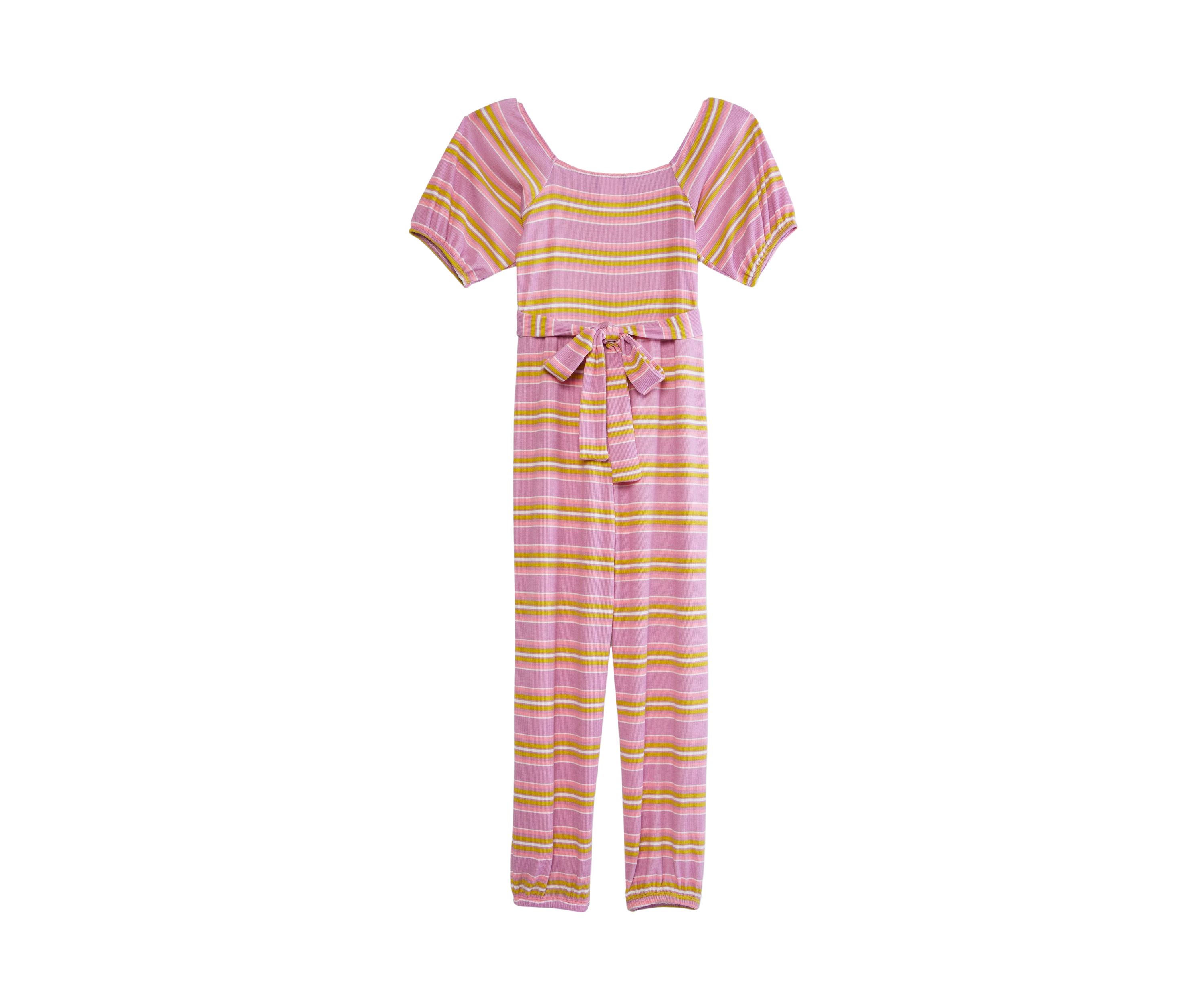 Girls 7-16 Yarn Dye Stripe Rib Knit Puff Sleeve Jumpsuit 