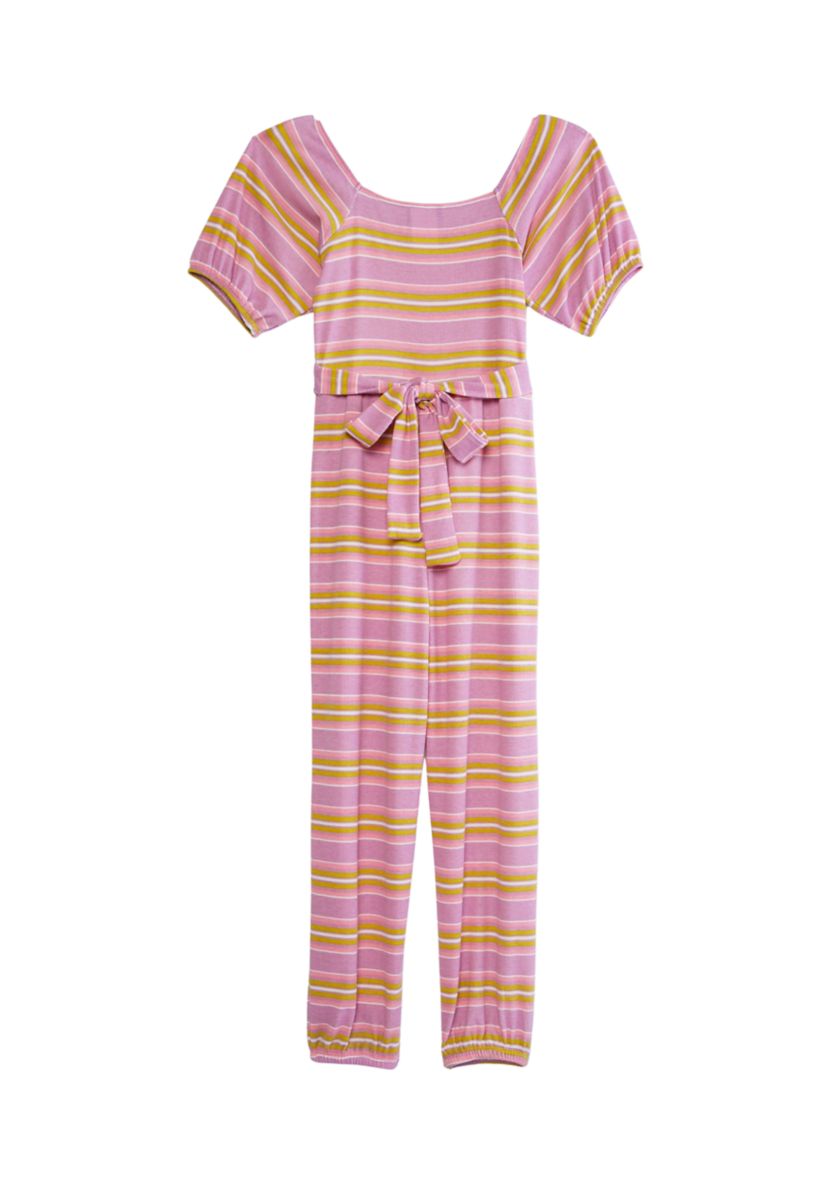 Girls 7-16 Yarn Dye Stripe Rib Knit Puff Sleeve Jumpsuit 