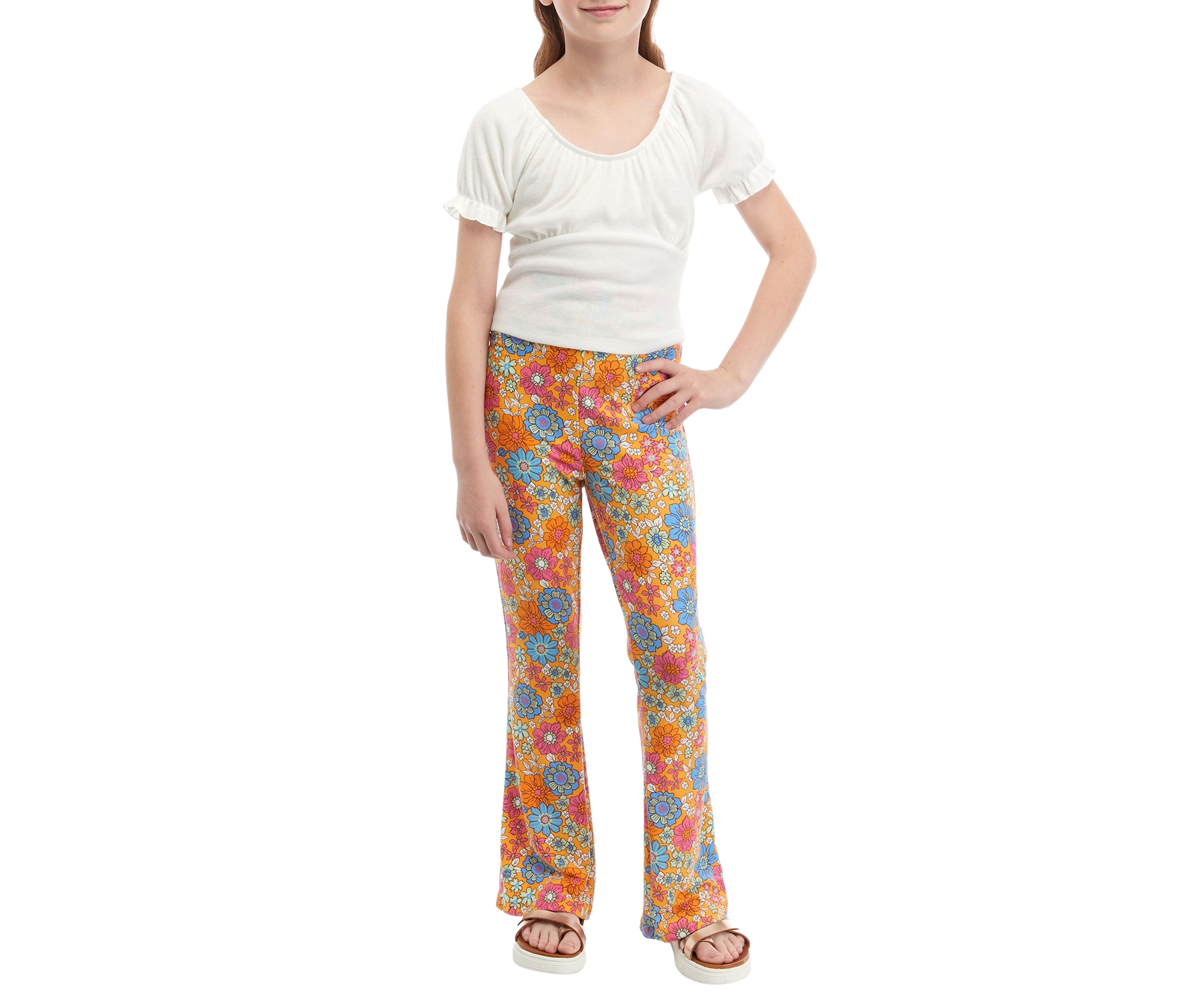 Girls 7-16 Rib Knit Top with Floral Flared Pants