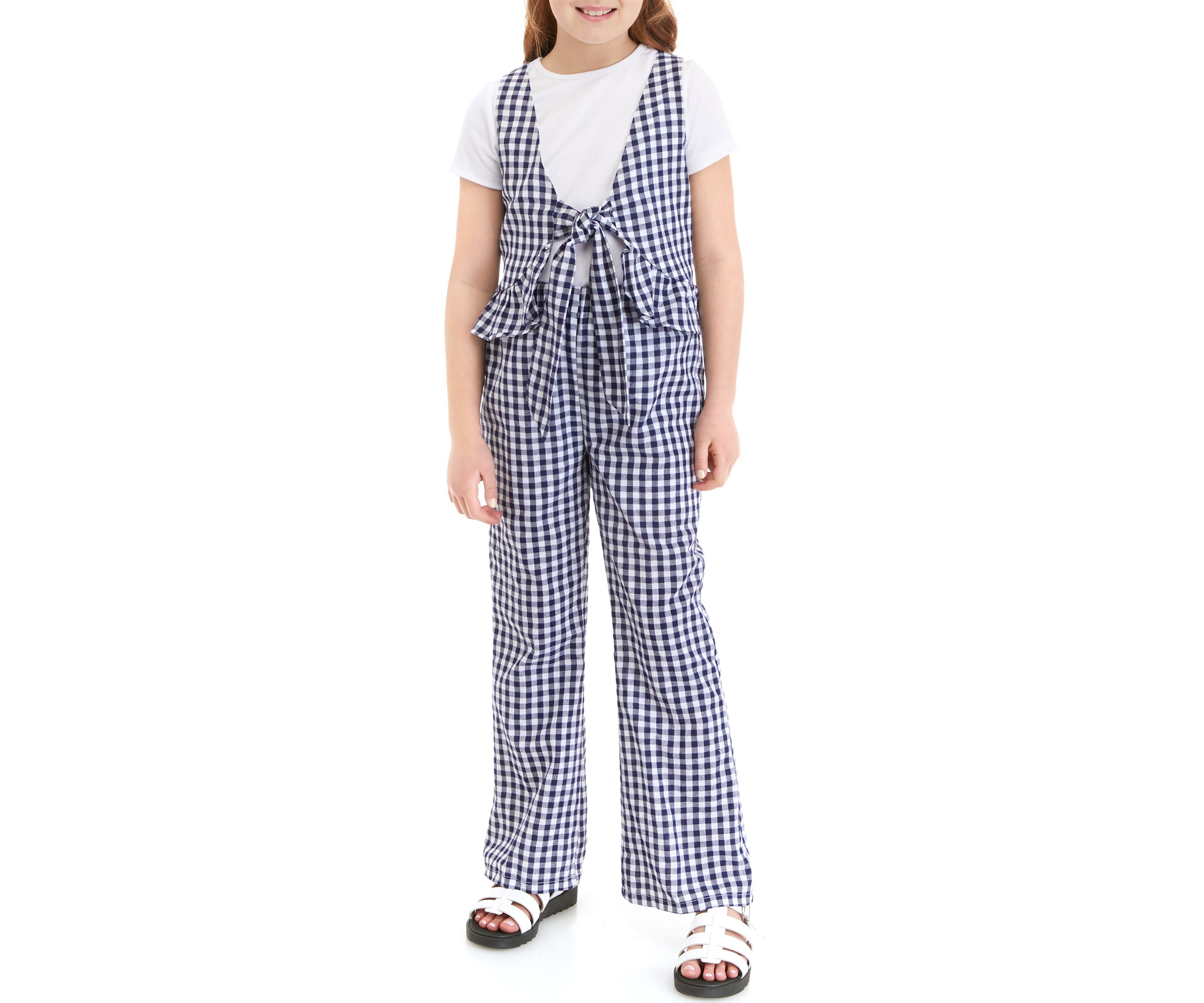 Girls 7-16 Gingham Smocked Top and Printed Pants Set