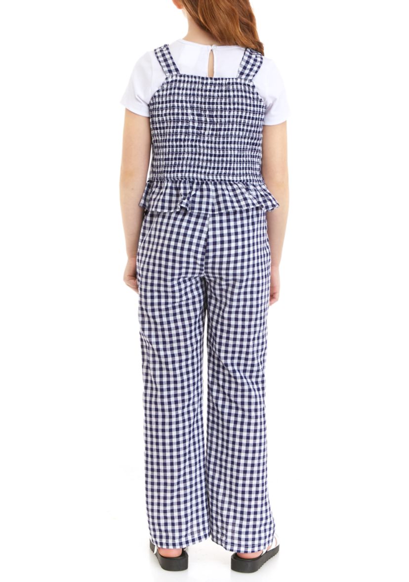 Girls 7-16 Gingham Smocked Top and Printed Pants Set