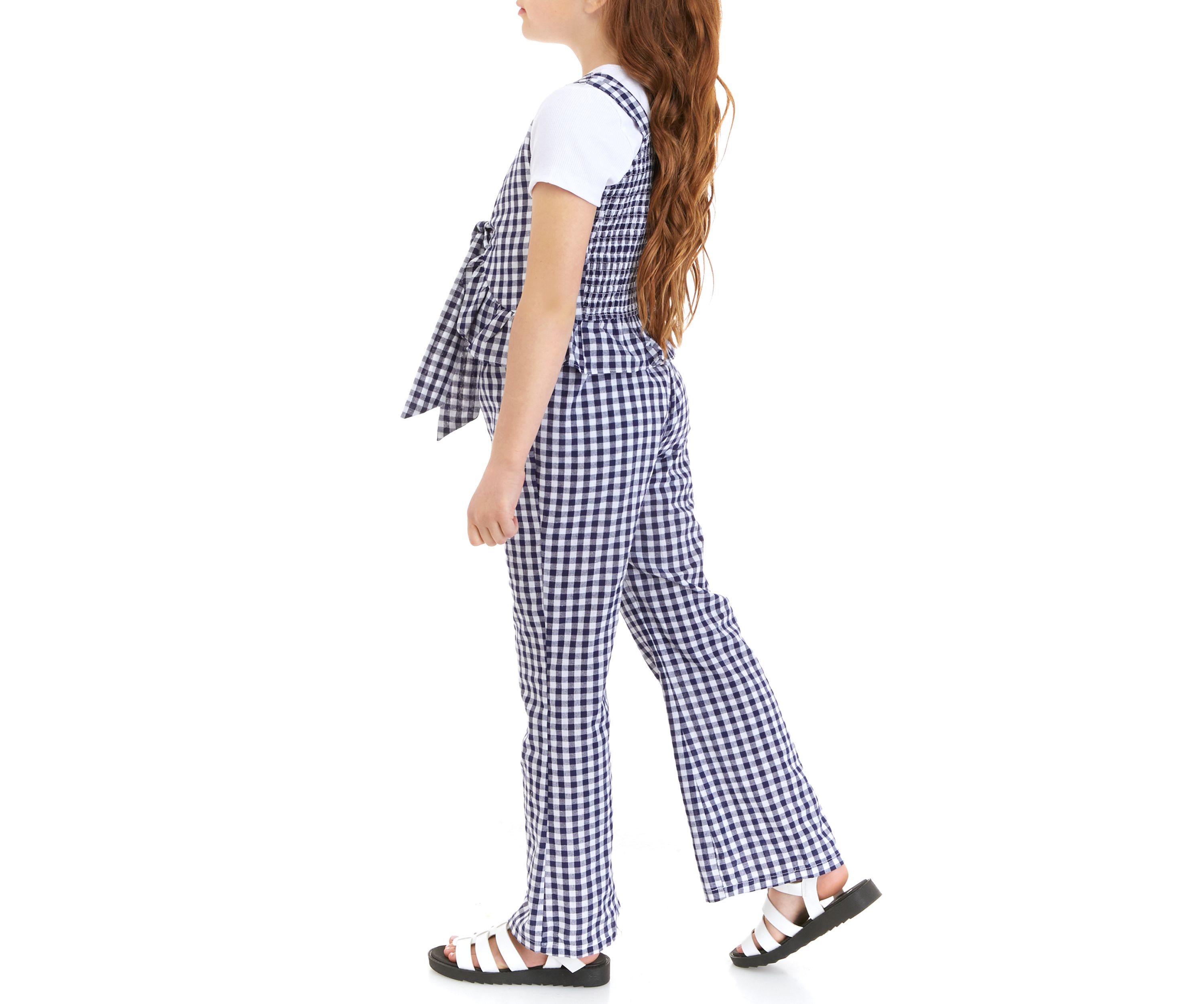 Girls 7-16 Gingham Smocked Top and Printed Pants Set