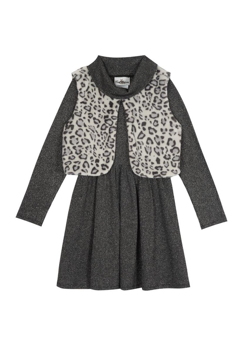 Girls 4-6x Foil Rib Knit Dress with Animal Print Vest 