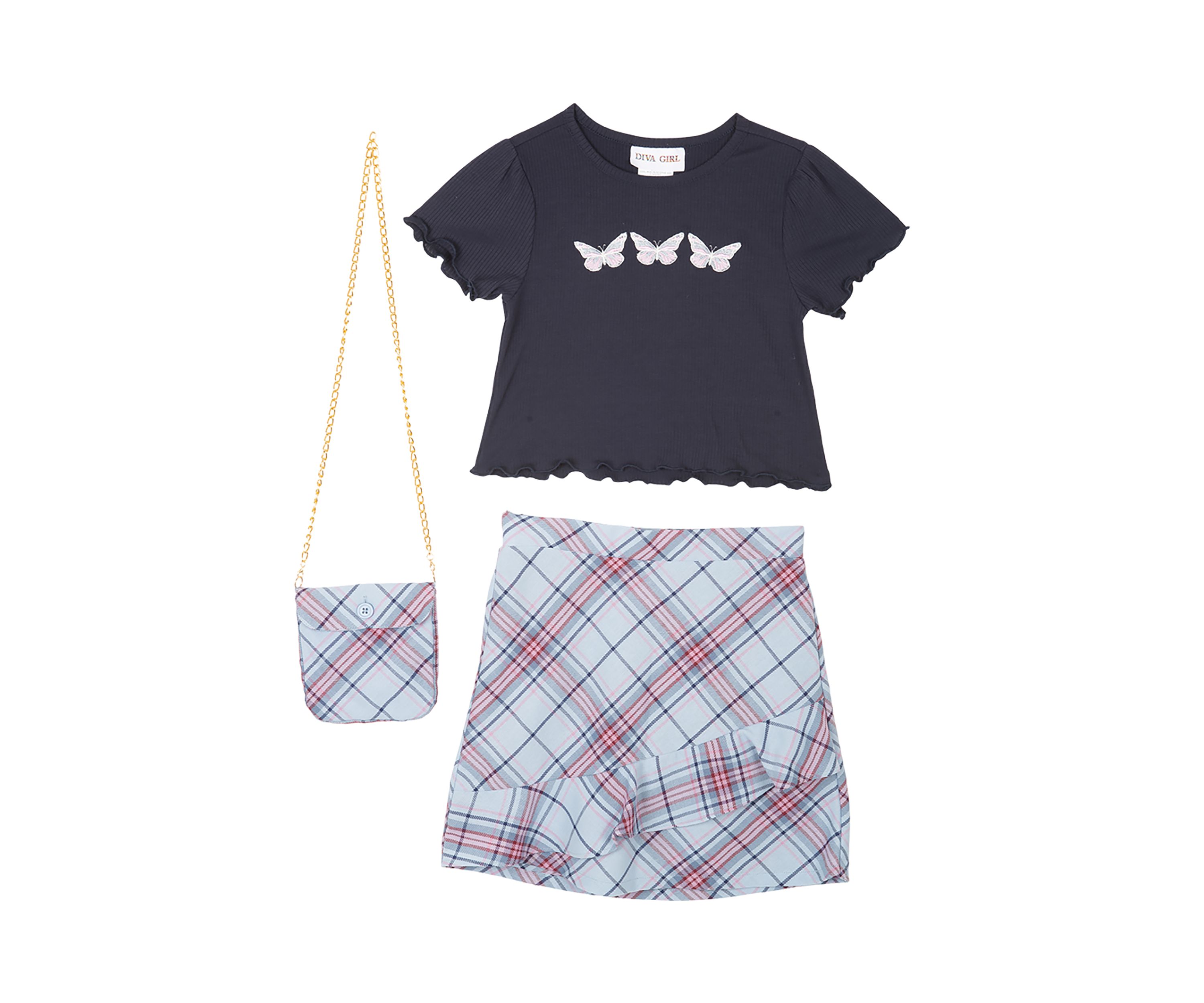 Girls 4-6x Ribbed Knit Top and Plaid Skirt with Crossbody Bag