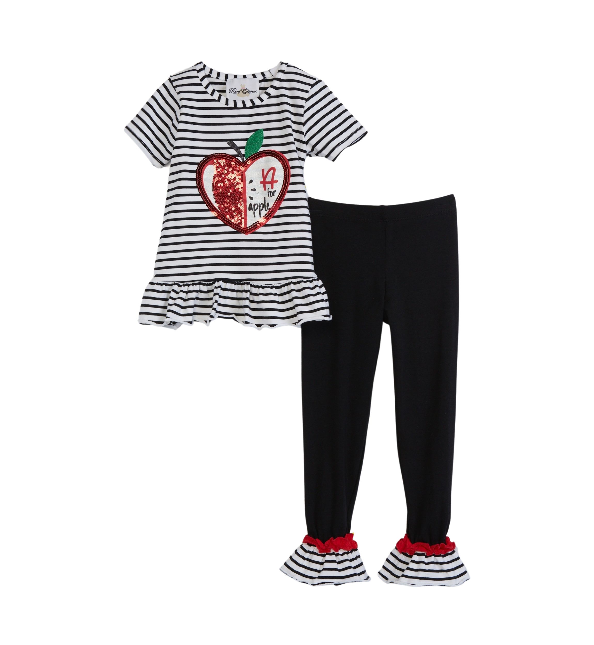 Girls 4-6x Stripe Knit Apple Appliqué Top and Solid Leggings Set